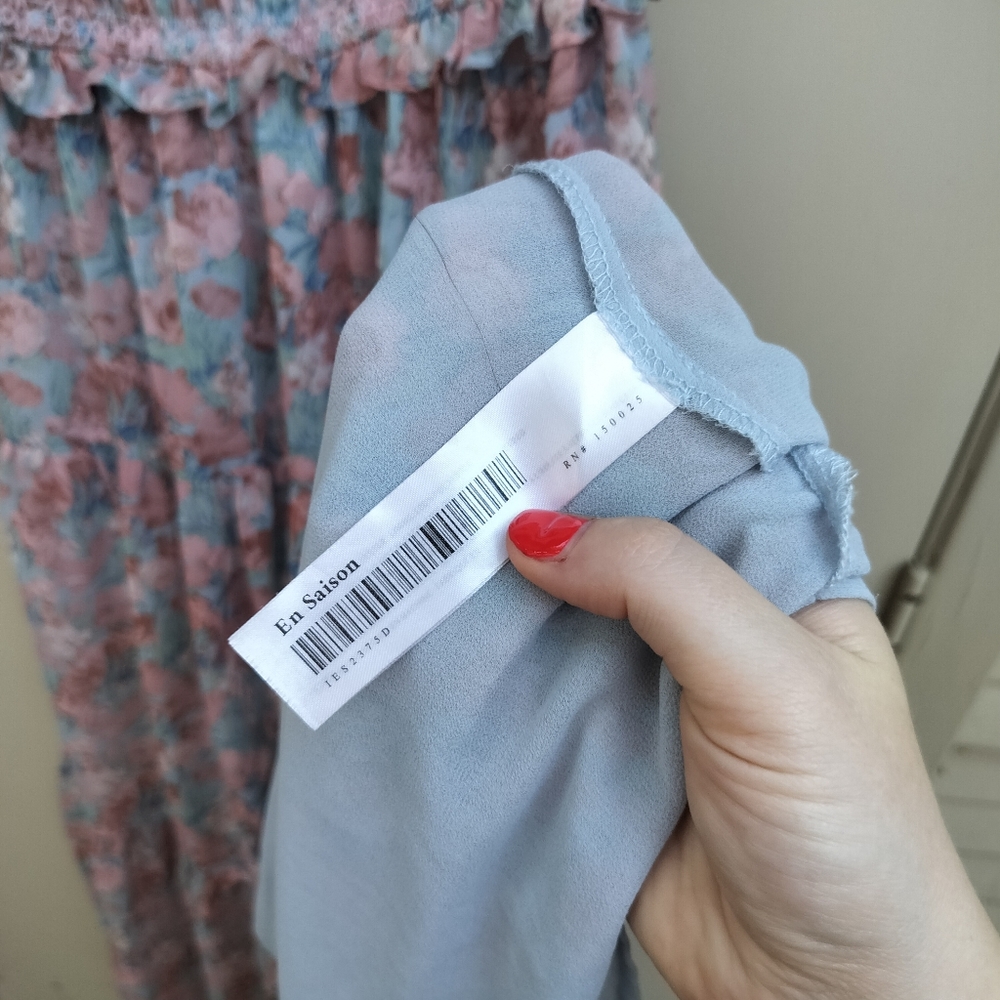 En Saison‎ Short Sleeve Smocked Floral Blue and Pink Floral Midi Dress Peasant - Picture 10 of 12